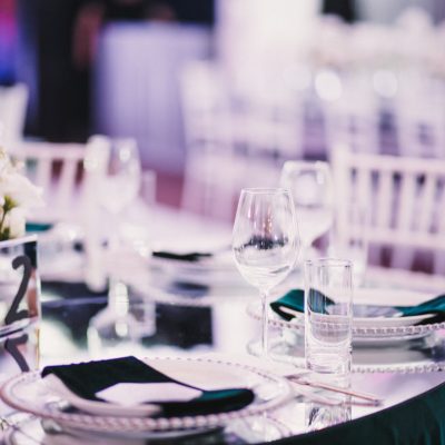 bright classy wedding table serving with bouquet